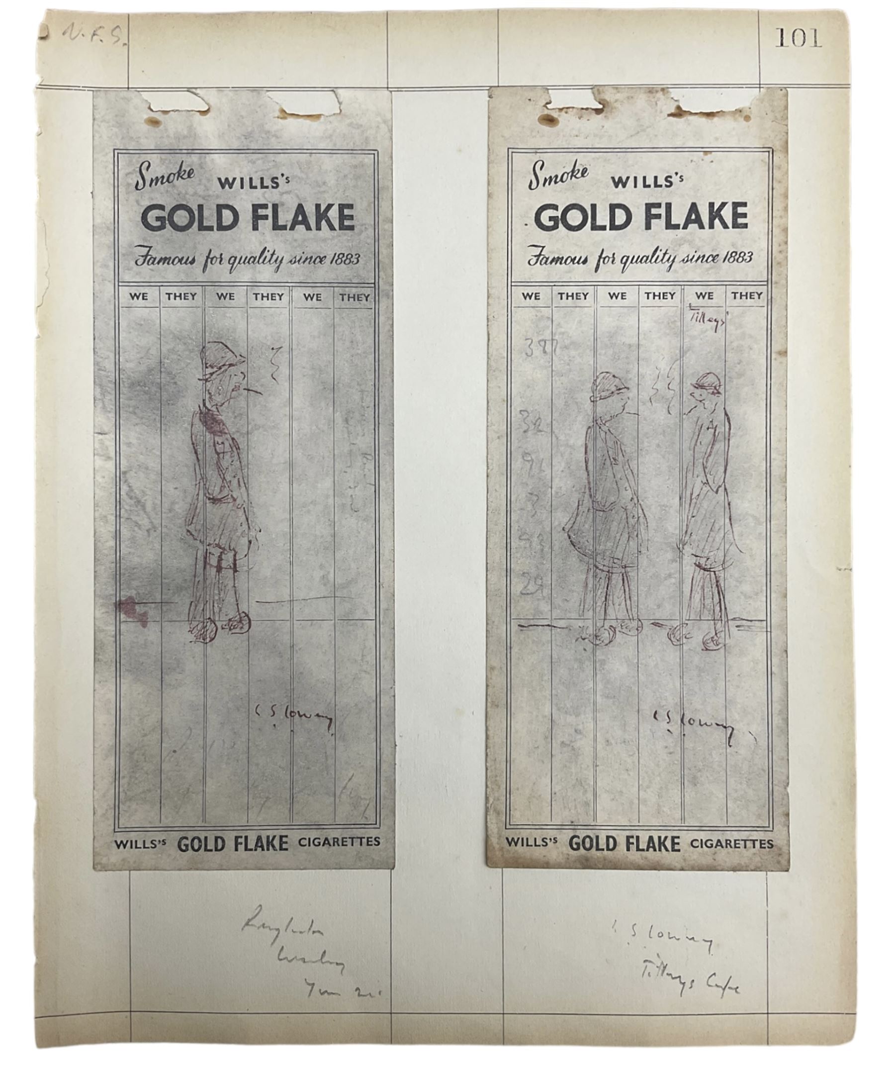 Attrib. Laurence Stephen Lowry RBA RA (Northern British 1887-1976): Figural Studies, pair ink sketches on Will's Gold Flake paper signed, each 21cm x 8cm (2) (unframed)