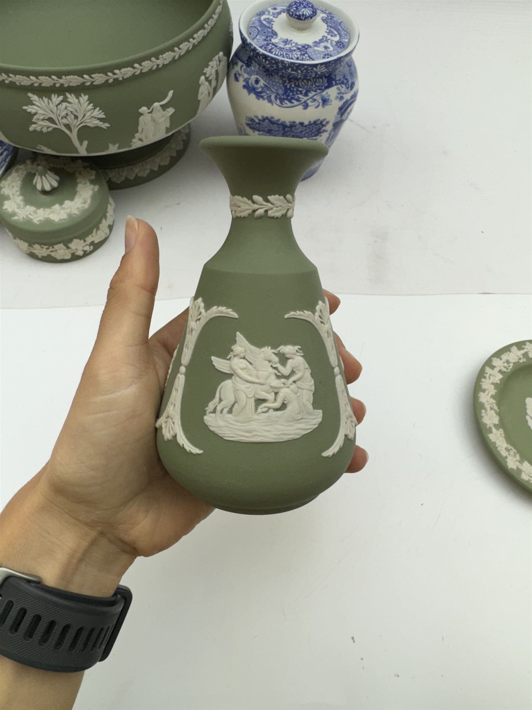 Wedgwood Jasperware stepped bowl, together with covered trinket box, vase and trinket dish, together with two Spode Italian pattern jars and dish