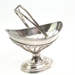 George III Old Sheffield Plate navette form pierced basket with swing handle, H17cm, early 20th century and later bone and mother of pearl fans, 19th/ early 20th century turned lignum vitae box, with mother of pearl inlay, two silver-plated egg cutters etc  