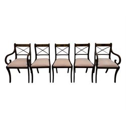 Set of ten (8+2) Regency design mahogany and brass inlaid dining chairs, bar cresting rail over x-framed back, upholstered drop-in seats, moulded frame and sabre supports 