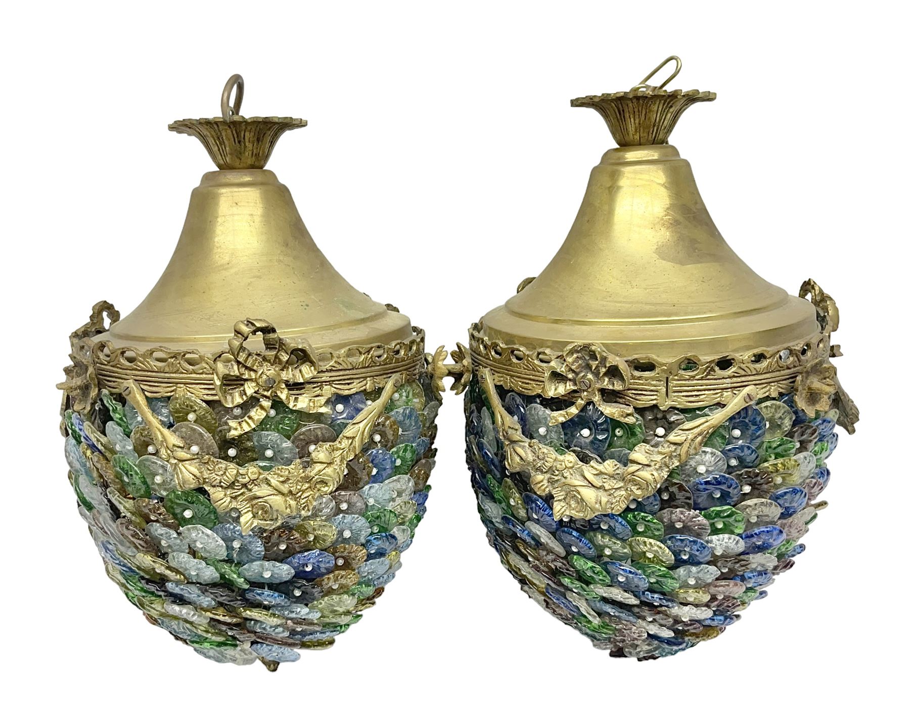 Two 20th century brass and murano glass pendent lanterns, each lantern is decorated with individual multi-coloured glass flowers, suspended from brass cover with floral swags, H40cm