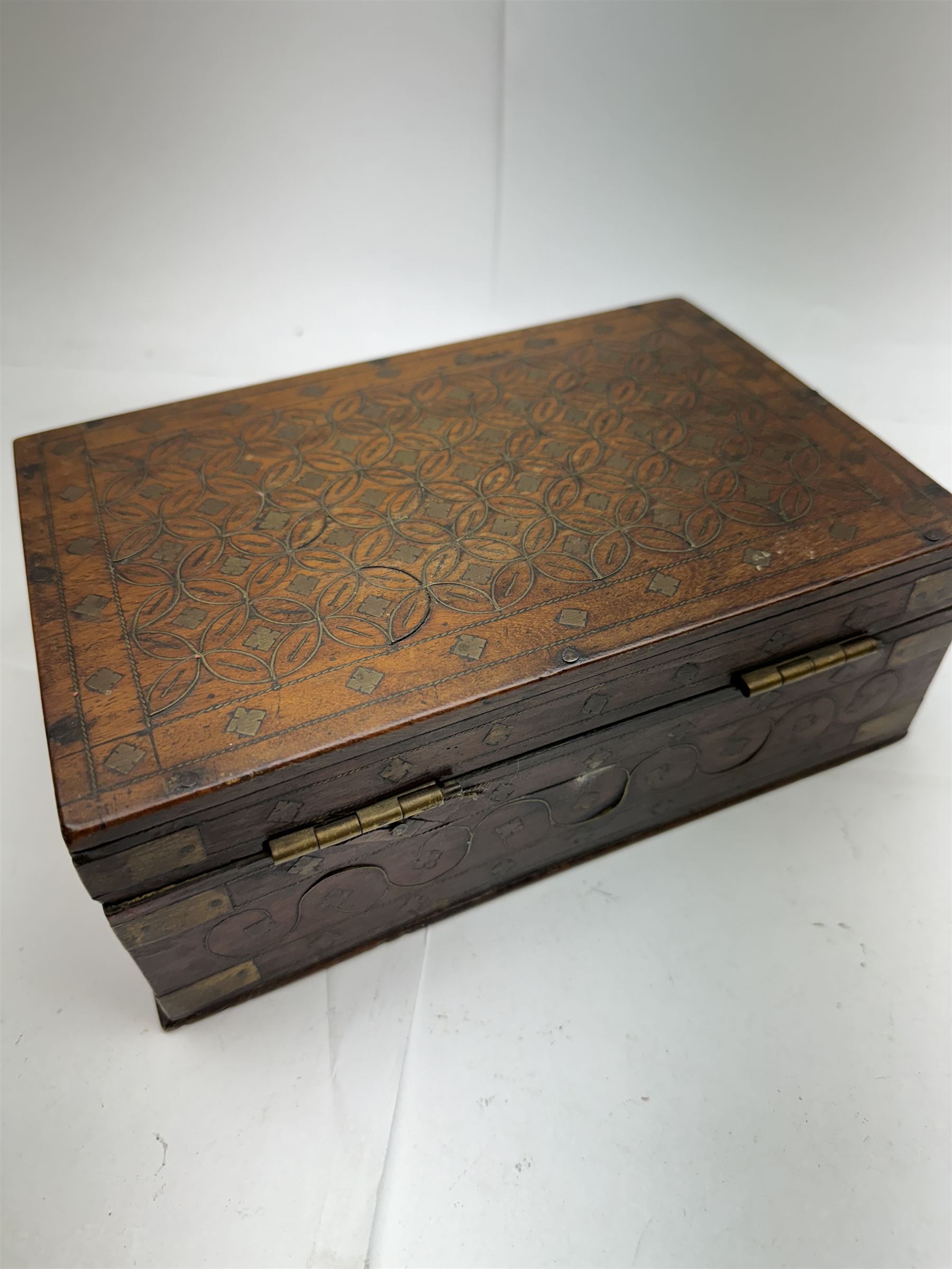 Three inlaid wooden boxes, together with an oak table top cabinet, tallest H42cm