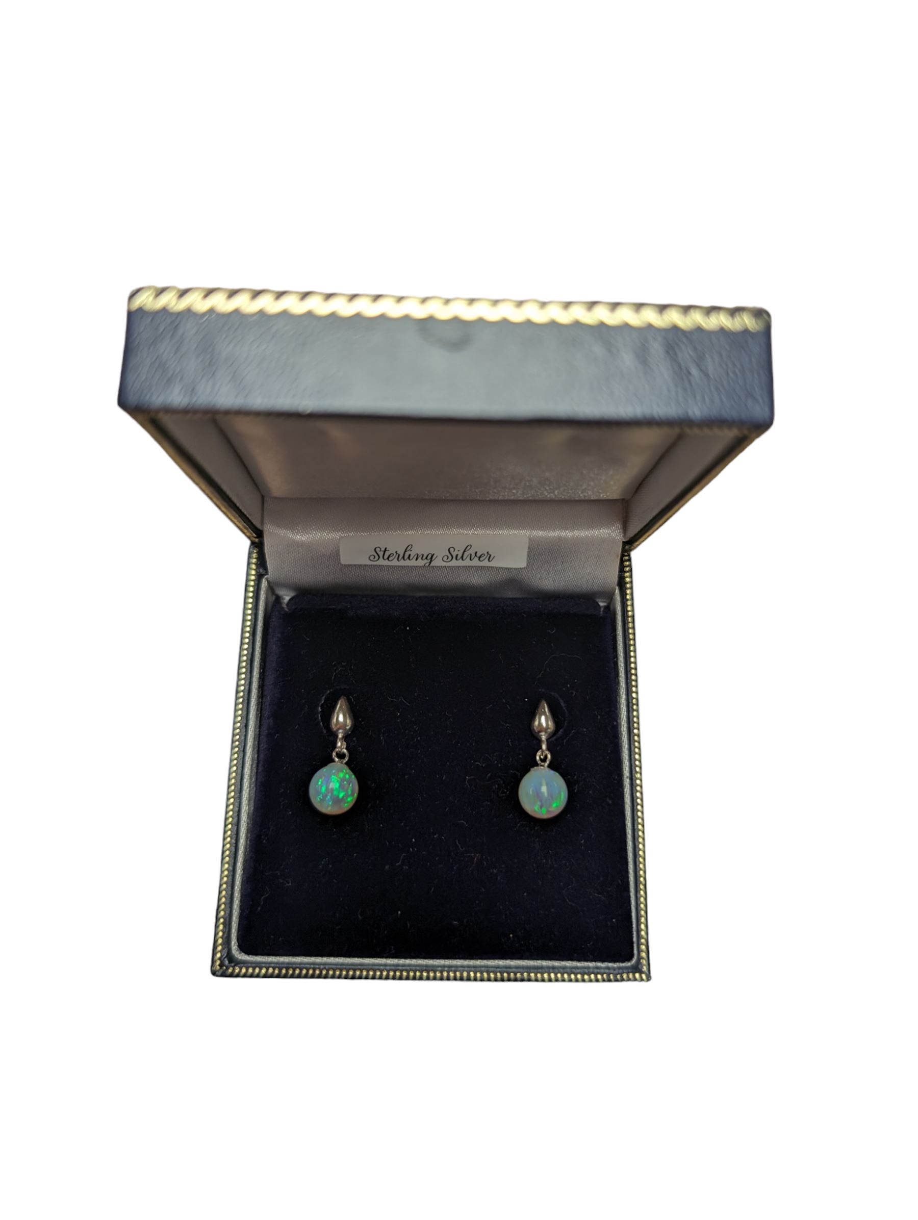 Pair of silver opal pendant stud earrings, stamped 925, boxed 