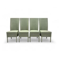 Set of four Lloyd Loom dining chairs, each with woven high back and seat in sage green fin...