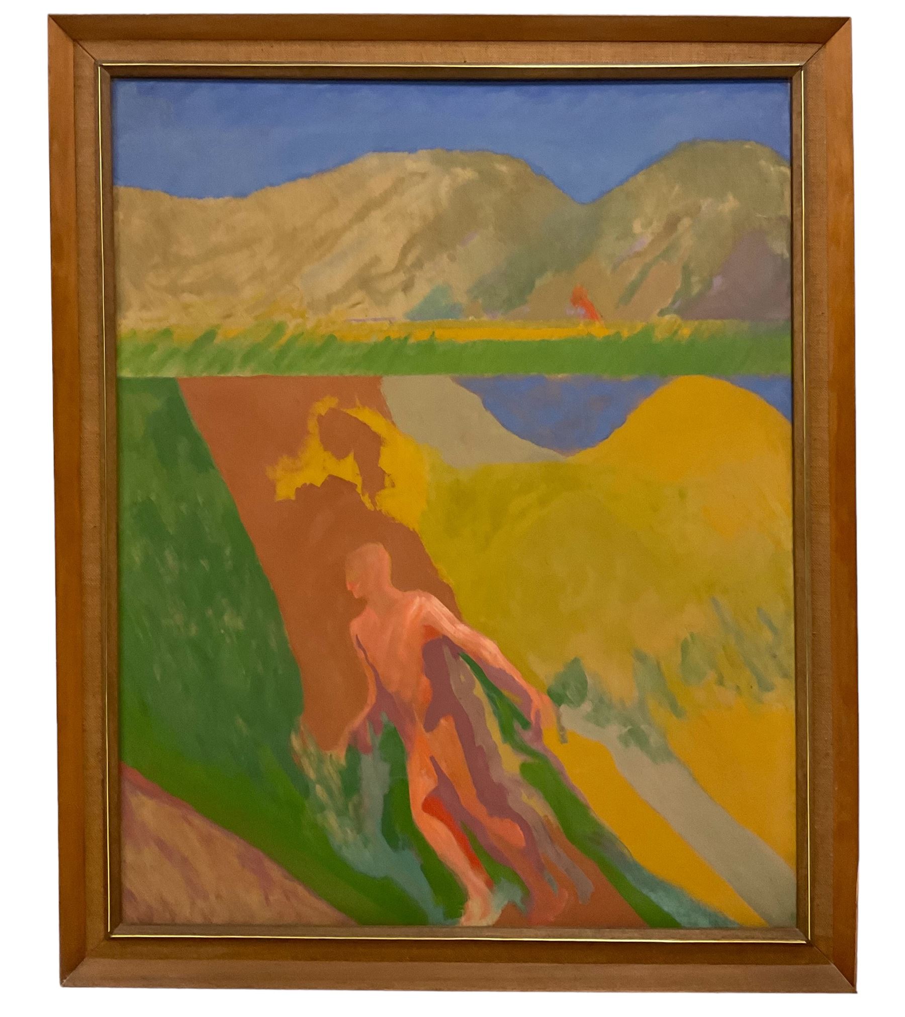 Michael Robert Buhler (British 1940-2009): 'Figure Moving Through Landscape, oil on canvas unsigned, John Moores Liverpool Exhibition 1963 label verso 127cm x 101cm