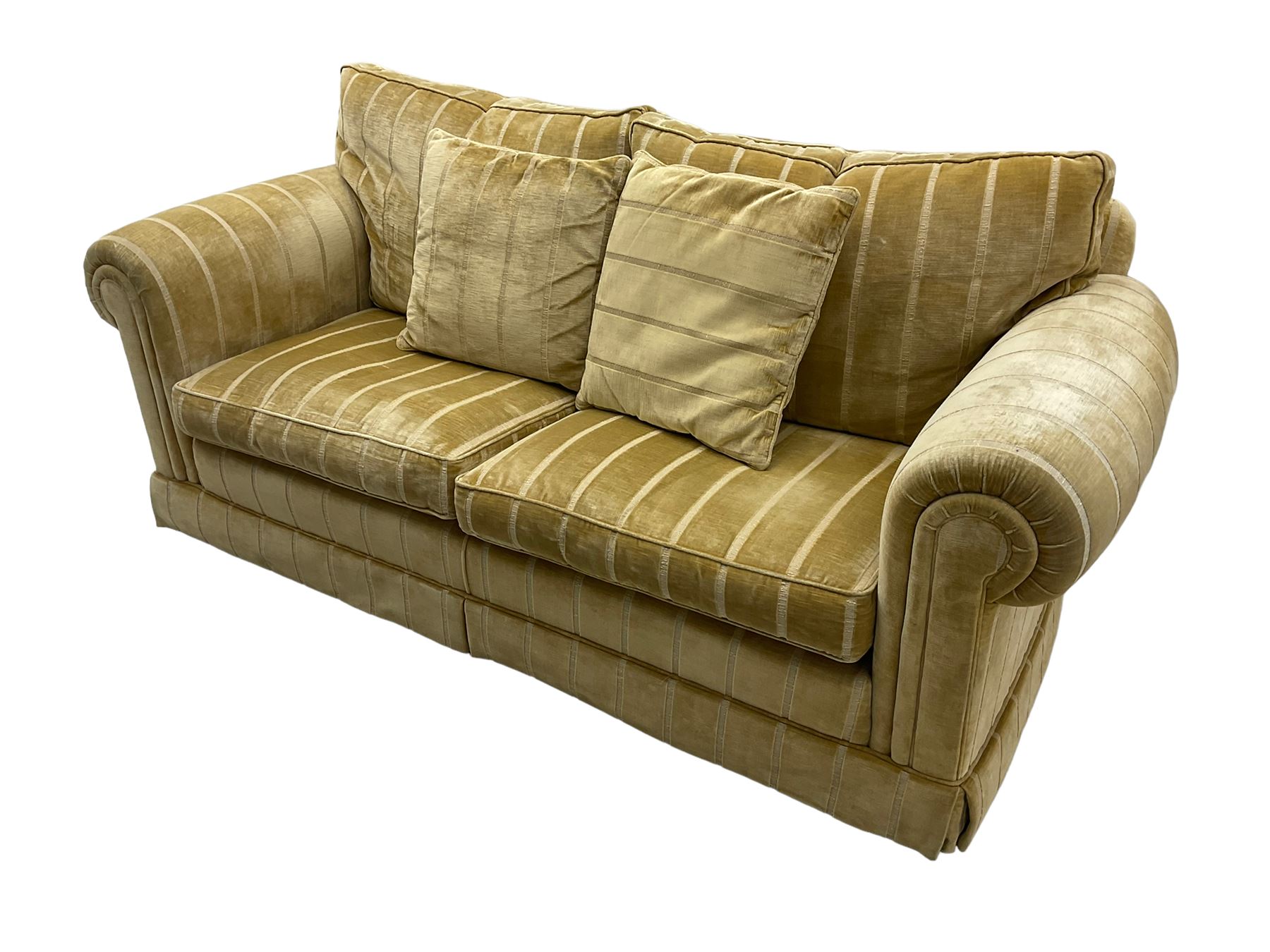 Duresta England - two-seat sofa, upholstered in pale gold fabric, traditional shape with rolled arms