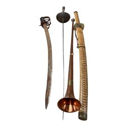 Coachman copper horn, together with fencing sword and two others