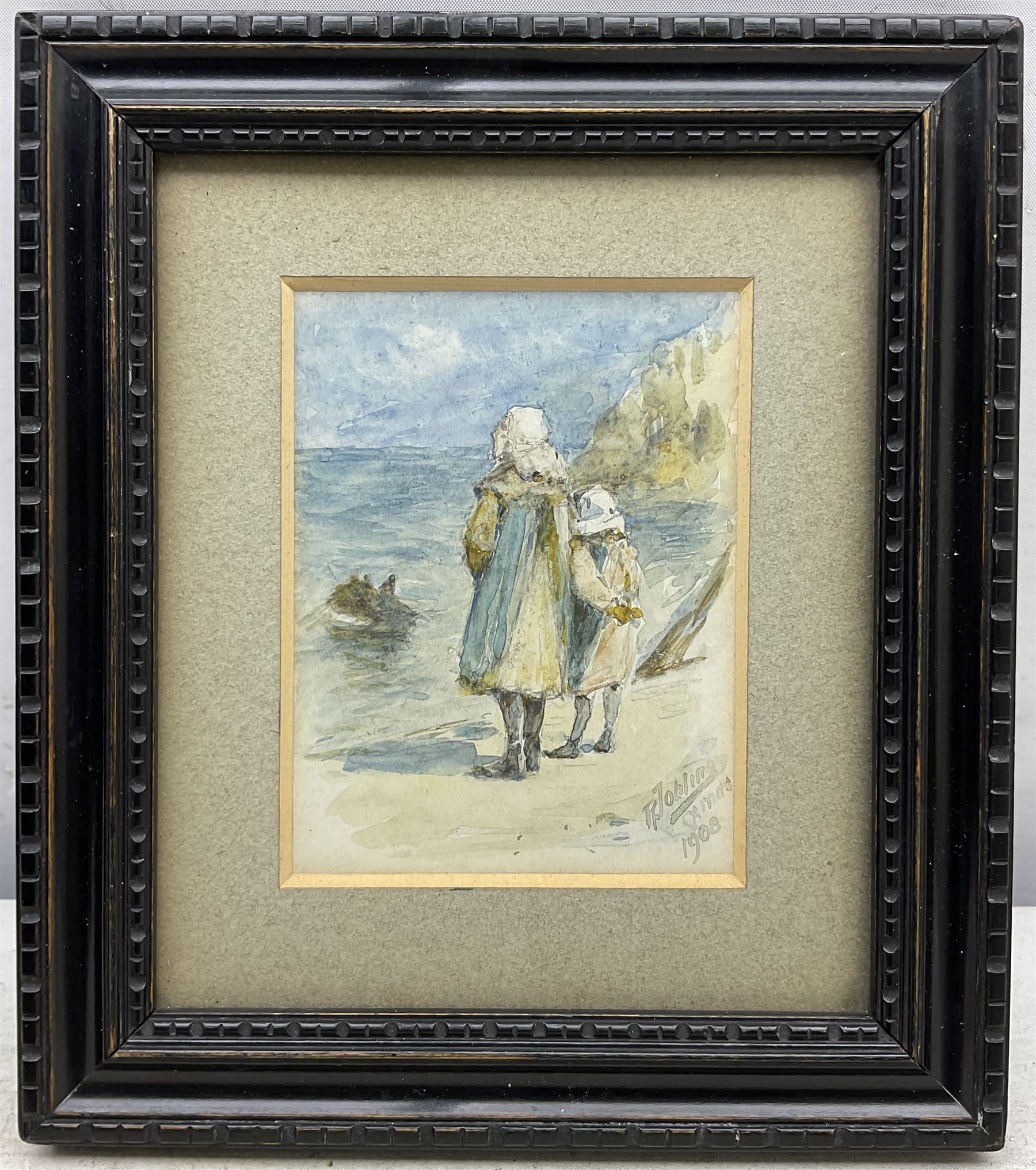 Robert Jobling (Staithes Group 1841-1923): Two Girls Looking Out to Sea at Staithes, watercolour signed and dated 'Xmas 1908', inscribed verso 11cm x 8.5cm