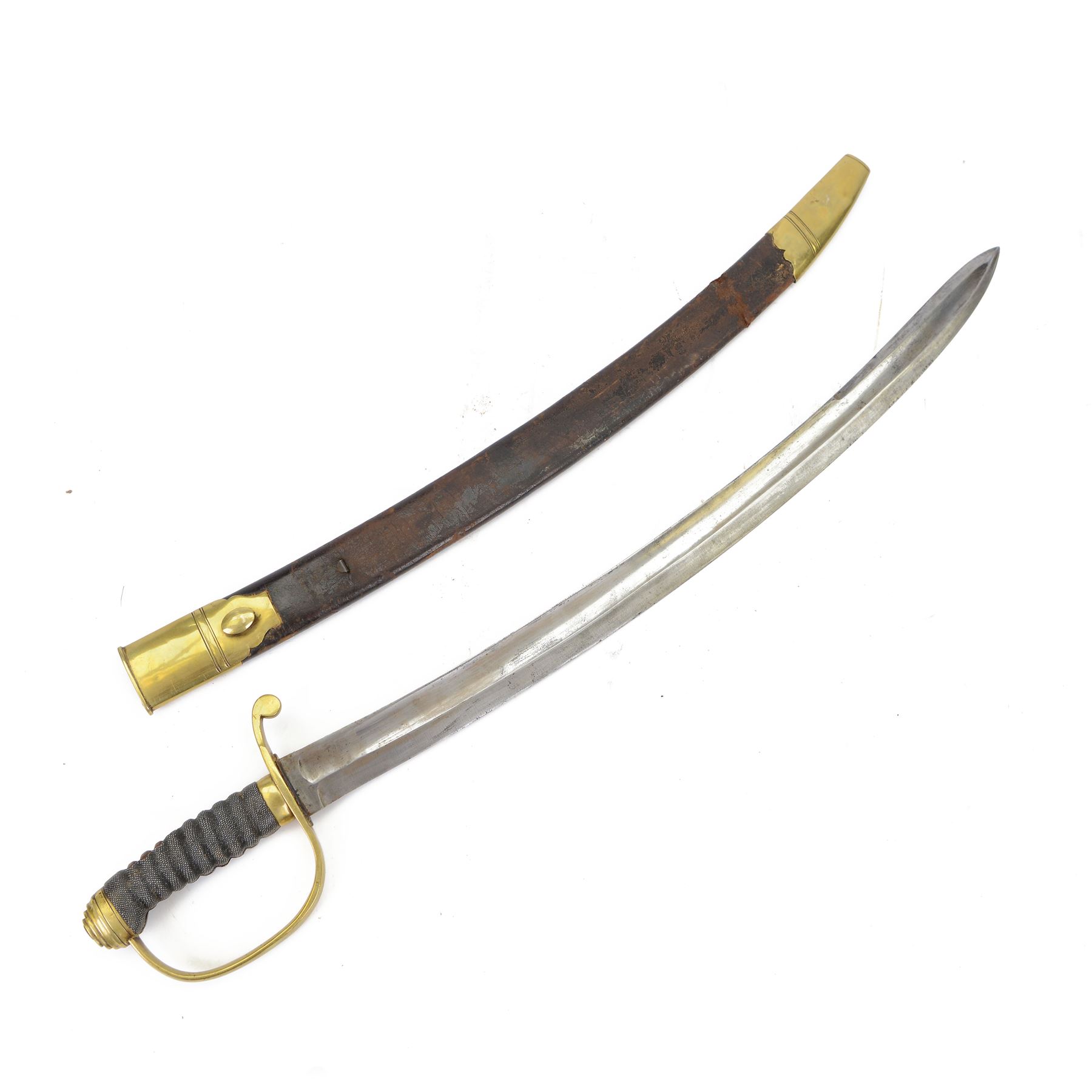 Victorian Police Constabulary Hanger, curved single edge blade, steel knucklebow and downswept quillon marked 864, stepped pommel and ribbed fishskin grip; in leather covered scabbard with steel mounts, L75cm 