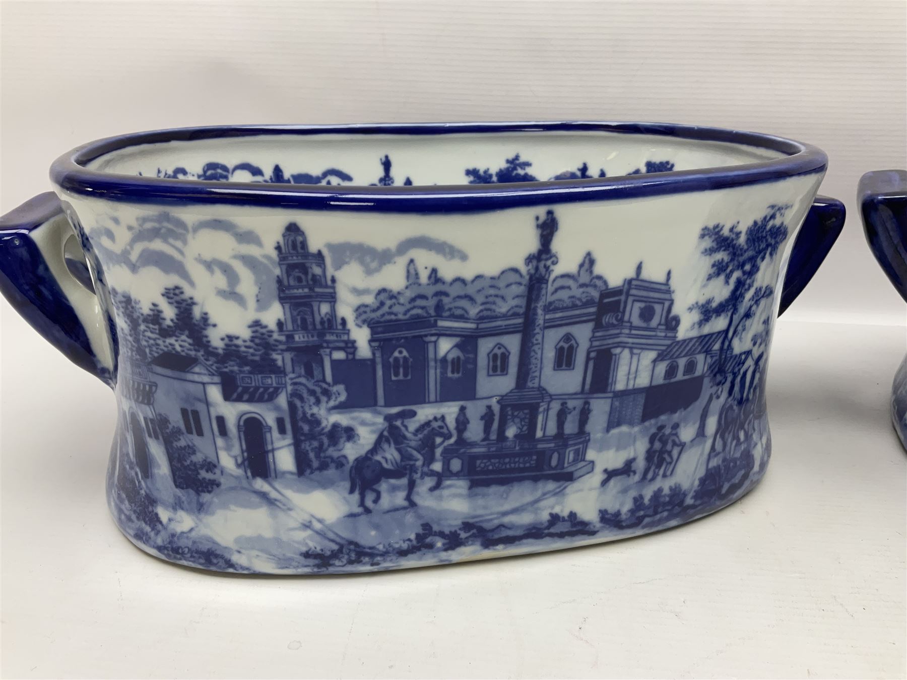 Pair of Victorian style, blue and white footbaths, H14cm, L37cm
