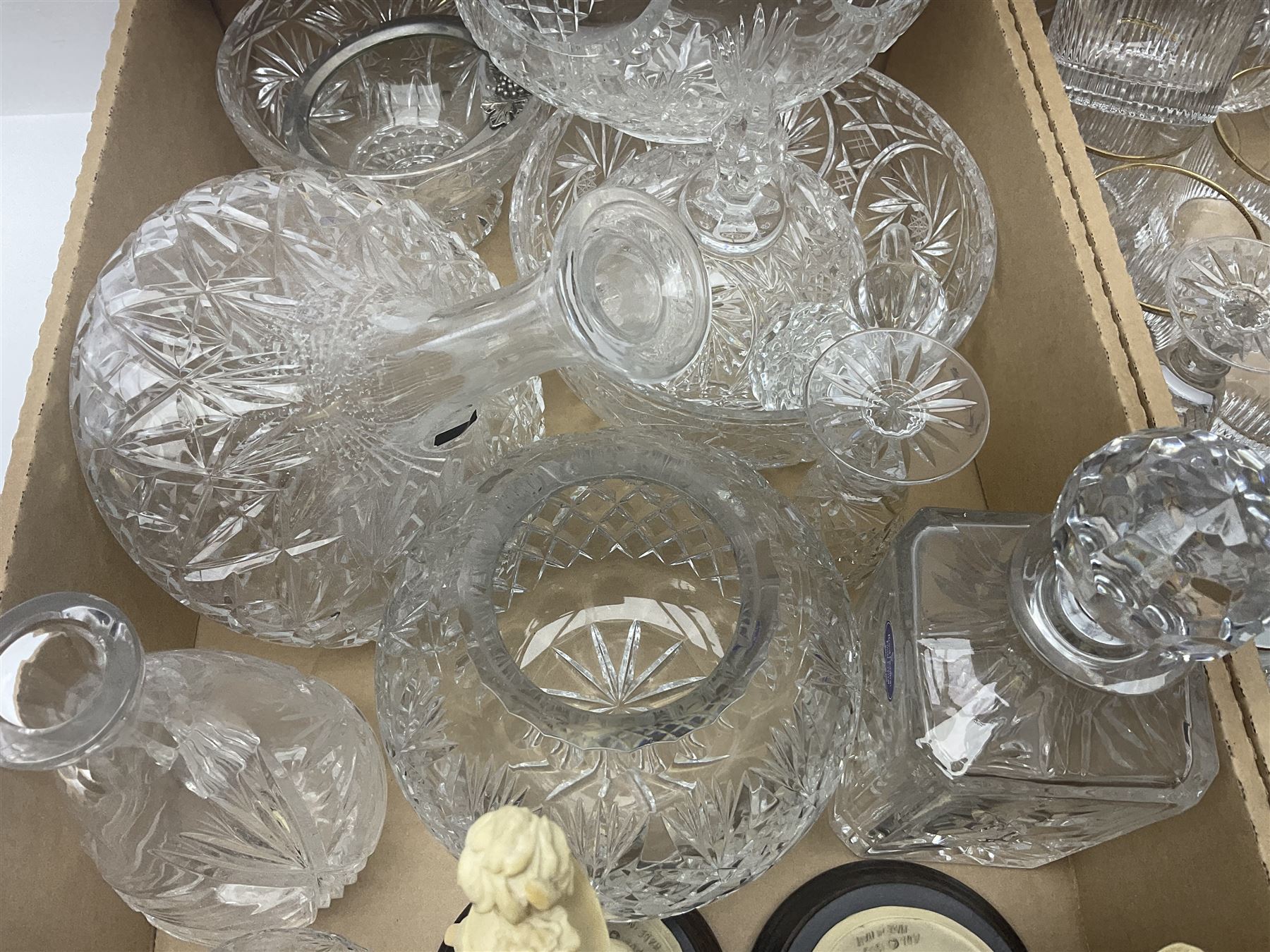 Large collection of crystal glassware, together with glass decanters, bowls, covered bon bon dish etc, in two boxes 