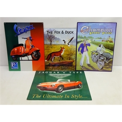  Four decorative advertising tin signs, 'The Fox & Duck' Tetley pub sign 1993, 'Champion Spark Plugs', 'Vespa Piaggio' and 'Jaguar 