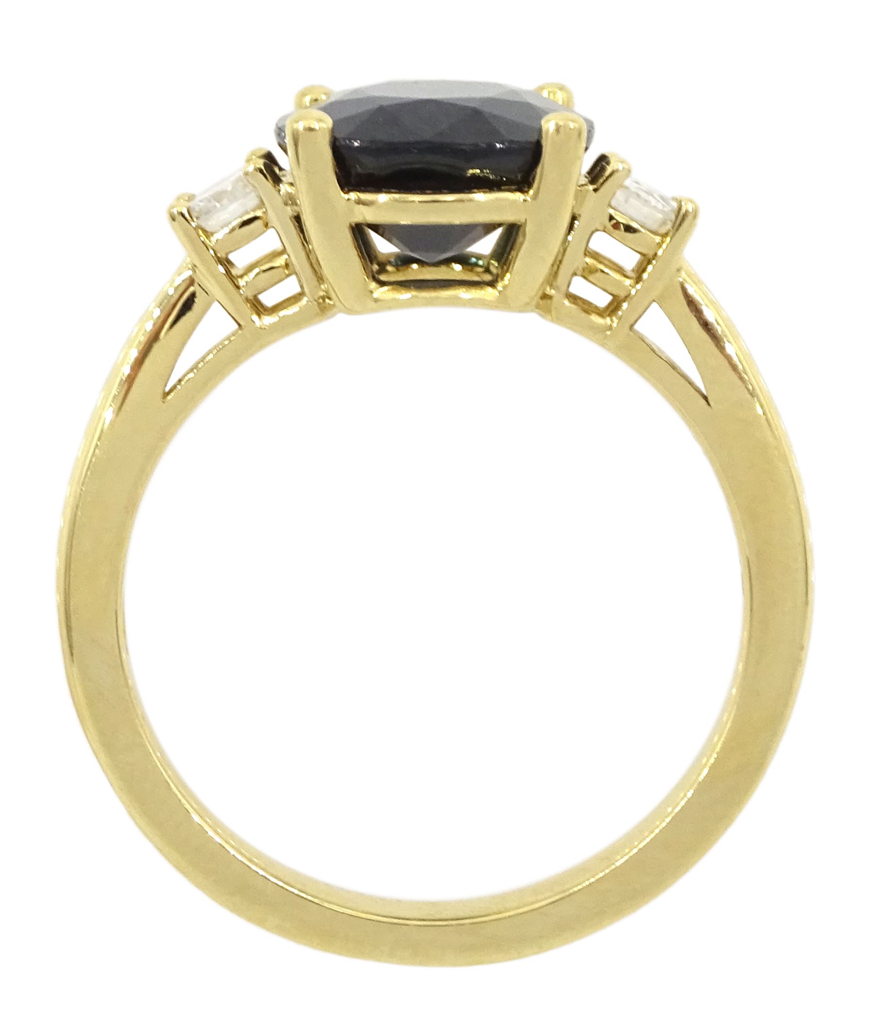 18ct gold three stone sapphire and round brilliant cut diamond ring, hallmarked, sapphire approx 3.95 carat