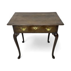 George III oak low-boy, moulded rectangular top with shaped corners, fitted with single dr...