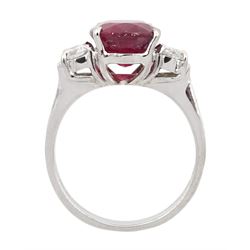 18ct white gold three stone oval cut ruby and round brilliant cut diamond ring, hallmarked, ruby approx 4.30 carat