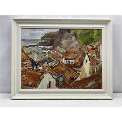 Barry E Carter (Northern British Contemporary): 'Staithes Rooftops', oil on canvas signed, titled verso on artist's address label 45cm x 60cm