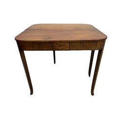 George III mahogany D-end tea table, fold-over top over figured frieze with geometric stringing, on square tapering supports with splayed terminals 