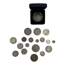 Approximately 225 grams of Great British pre 1920 silver coins, including George IIII 1821 crown, 1826 shilling, three Queen Victoria double florins dated 1887, 1889, 1890, King Edward VII 1902 crown, 1907 halfcrown, 1910 standing Britannia florin,  etc