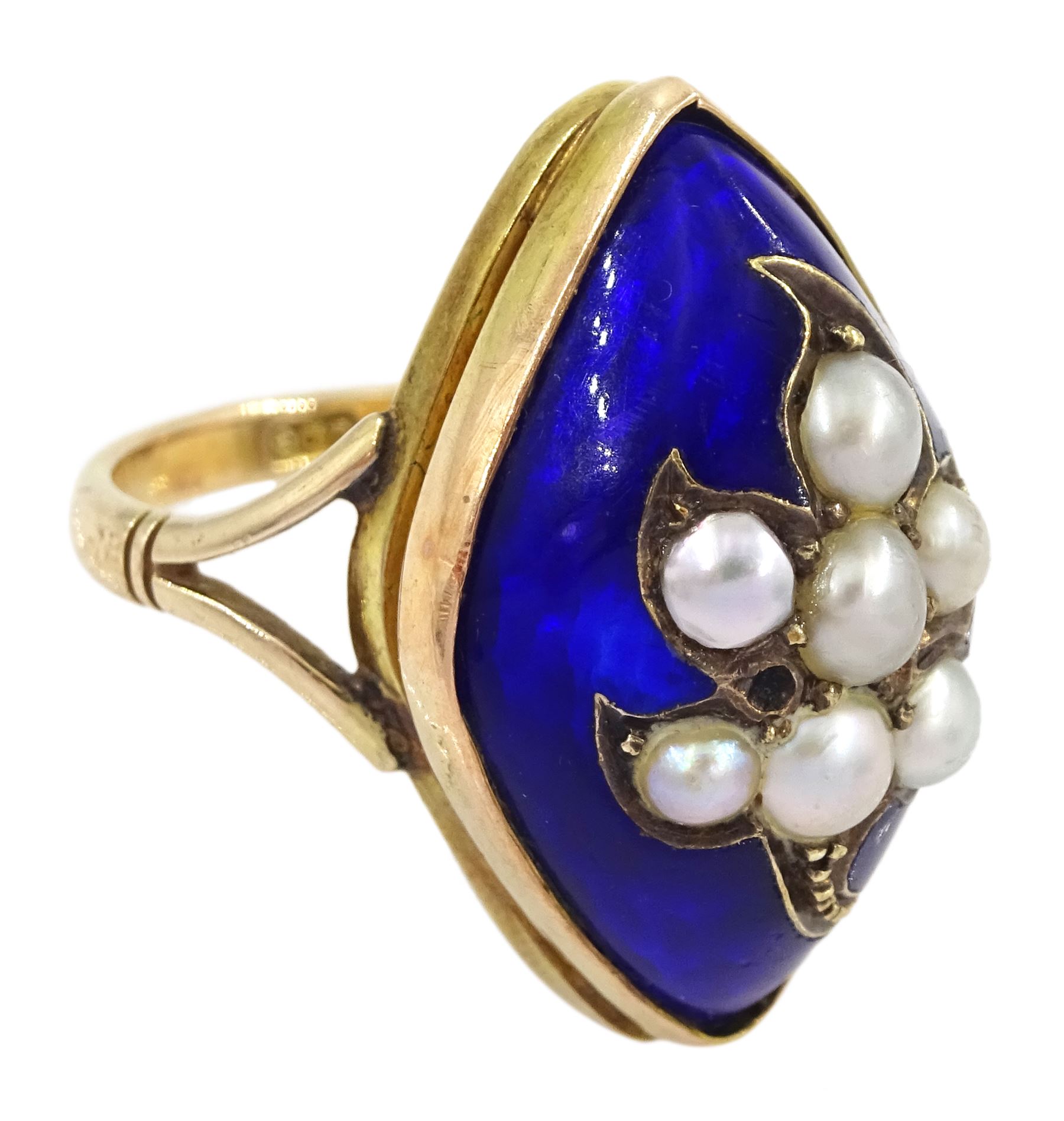 19th / early 20th century 9ct gold marquise shaped ring, the central flower design split pearl  decoration, with blue enamel surround