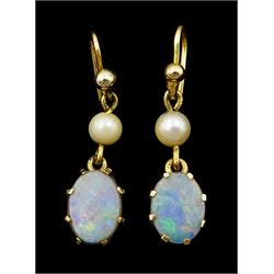 Pair of 9ct gold opal doublet and cultured pearl pendant earrings