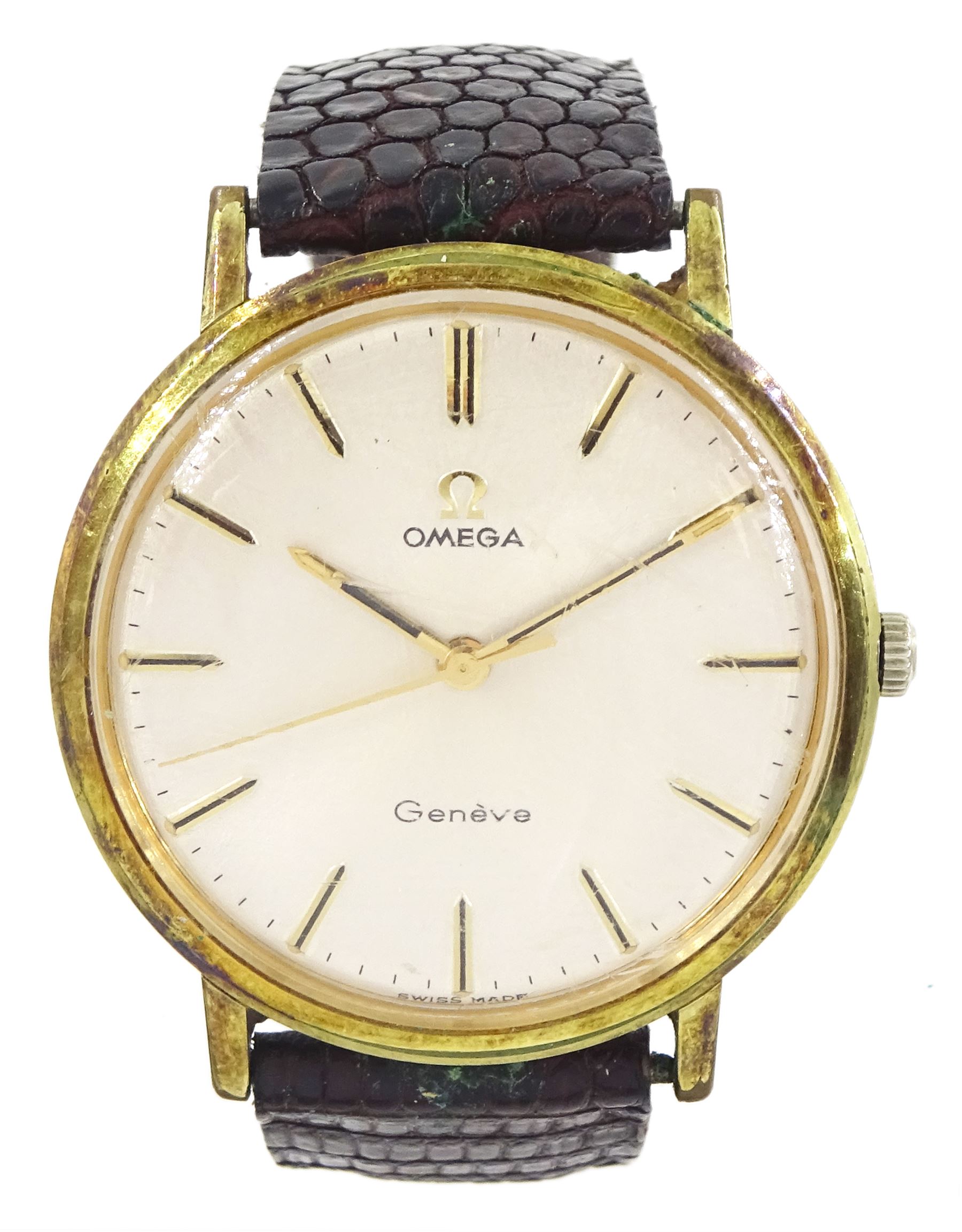 Omega gentleman's stainless steel and gold-plated manual wind wristwatch, cream dial with baton hour markers, on brown leather strap