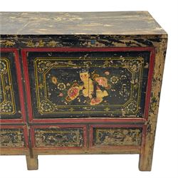 19th century Chinese Qing dynasty painted elm cupboard, Shanxi province, two double cupboards enclosed by doors painted with figure and flower heads, fitted with four small drawer, on stile supports 