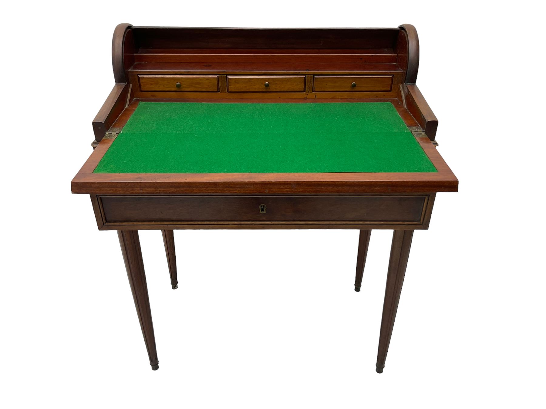 Early 20th century French plum pudding mahogany petite writing desk, barrel tambour roll top, fitted with a single cock-beaded drawer activating the tambour roll, the fold-over writing slope with inset writing surface supported by long drawer, fitted with three small drawers and pen rail, raised on fluted tapering supports