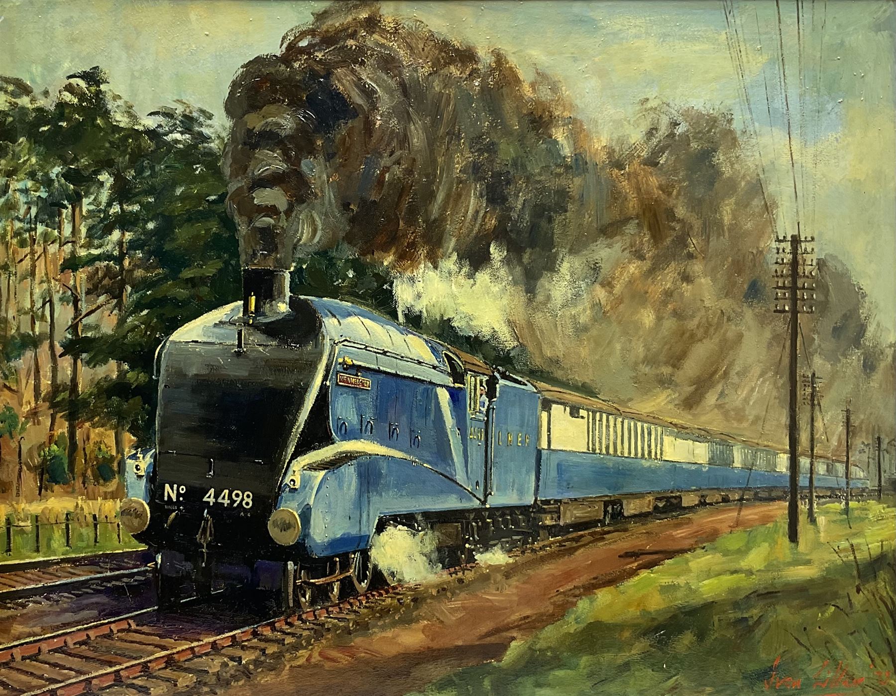 Ivan Lilley (British 1932): 'Sir Nigel Gresley hauling the Coronation circa 1938', oil on board signed and dated '75, titled verso 55cm x 70cm