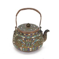 Champleve enamel teapot, with pierced finial, green enamel interior and woven handle, H10cm