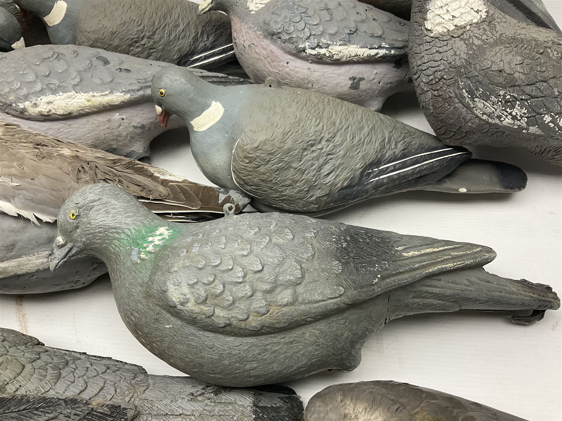 Fourteen Wood Pigeon decoys, together with camouflage netting