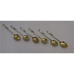 Set of six Norwegian silver-gilt and enamel demitasse spoons, decorated front and verso with small colourful flowers on a white ground,  925S Sterling, in retailers box for Magnus Aase, Bergen