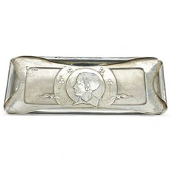 Late Victorian Art Nouveau small silver dressing table tray of rectangular design with folded edges and raised head of a girl with floral stems L17cm London 1900 Maker R Halford & Sons