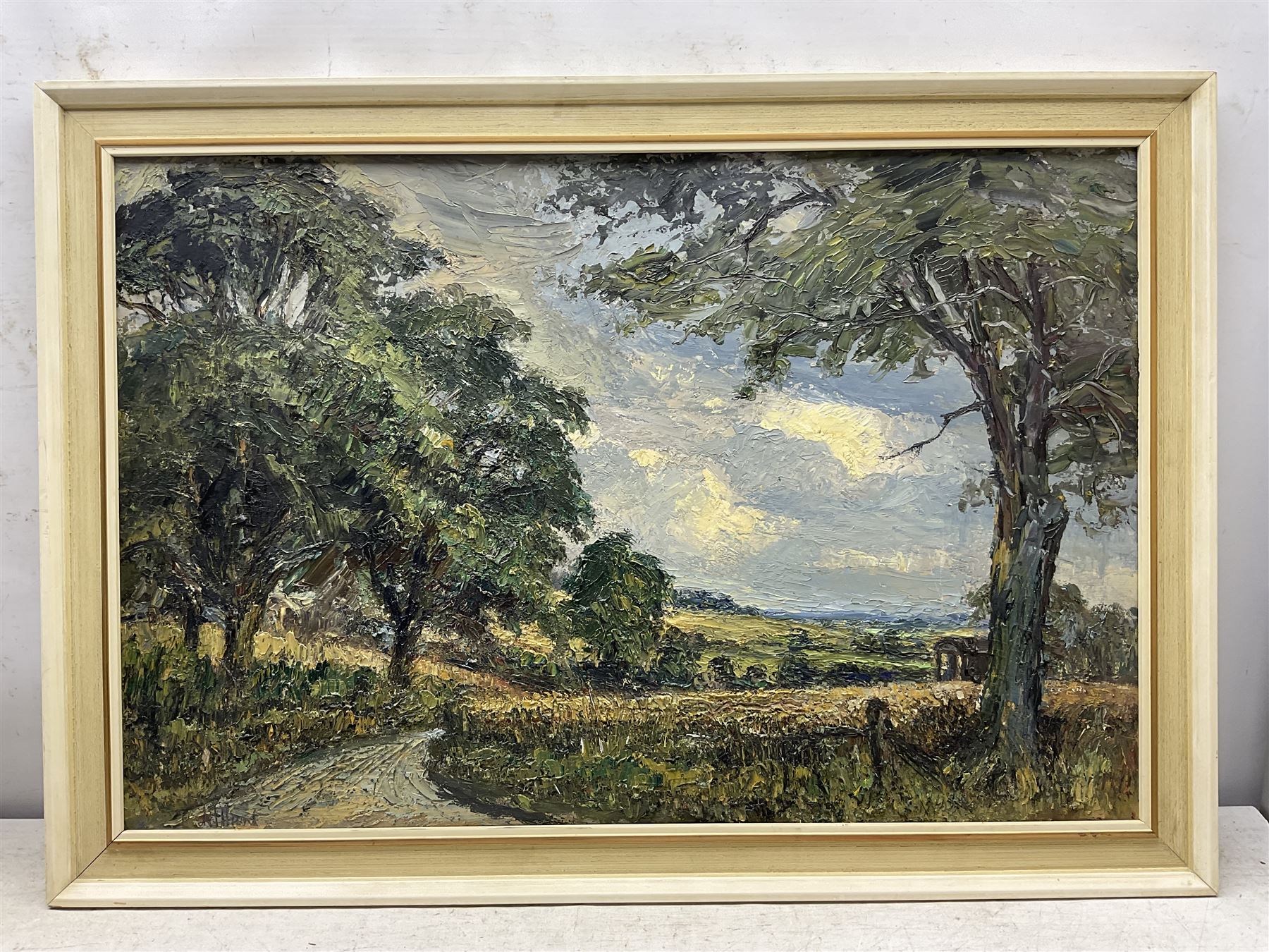 A Hunt (British Mid-20th Century): Path Between the Hayfields, oil on board signed 49cm x 75cm