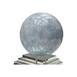 Barker & Stonehouse - contemporary glass coffee table, square top supported by four multicoloured marble spheres, each elevated on layered acrylic pedestal over mirrored base, on square clear supports