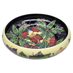 Large Moorcroft bowl decorated in Simeon pattern, designed by Philip Gibson, with impressed marks beneath, in original box, D44cm