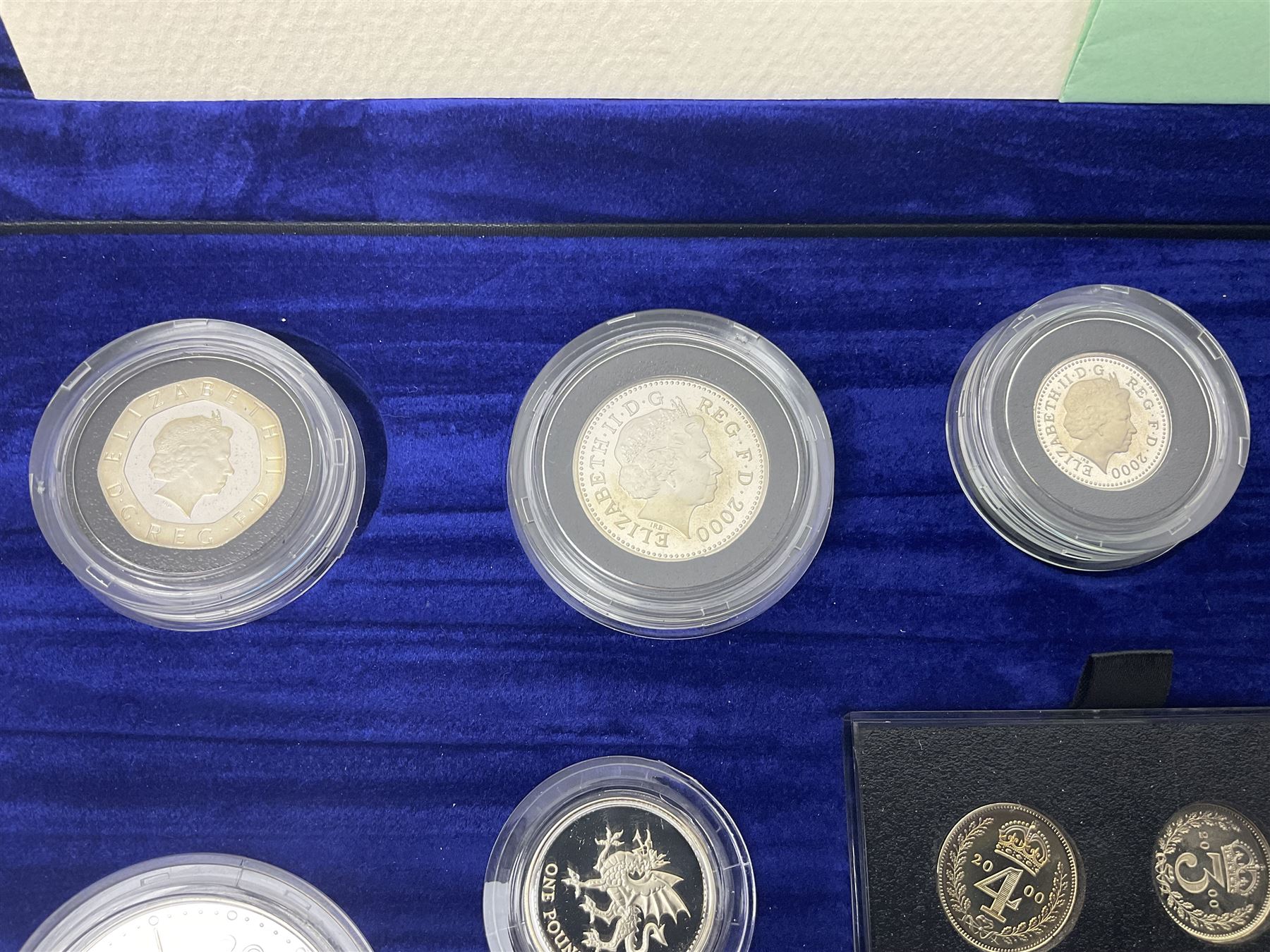 The Royal Mint United Kingdom 2000 silver proof Millennium coin collection, including Maundy coins, number 6384, cased with certificate 