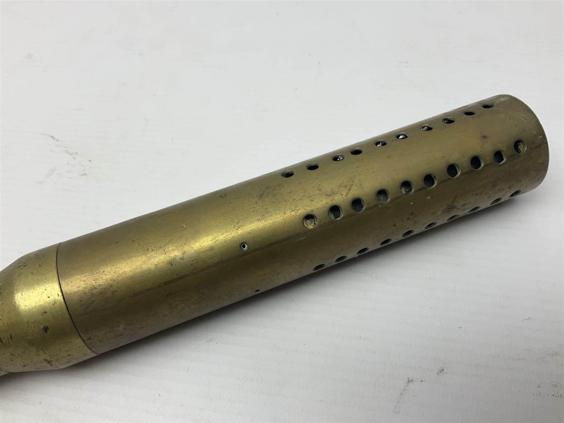 Bamboo cane torch, the pierced brass cover opening to reveal a wick, H144cm