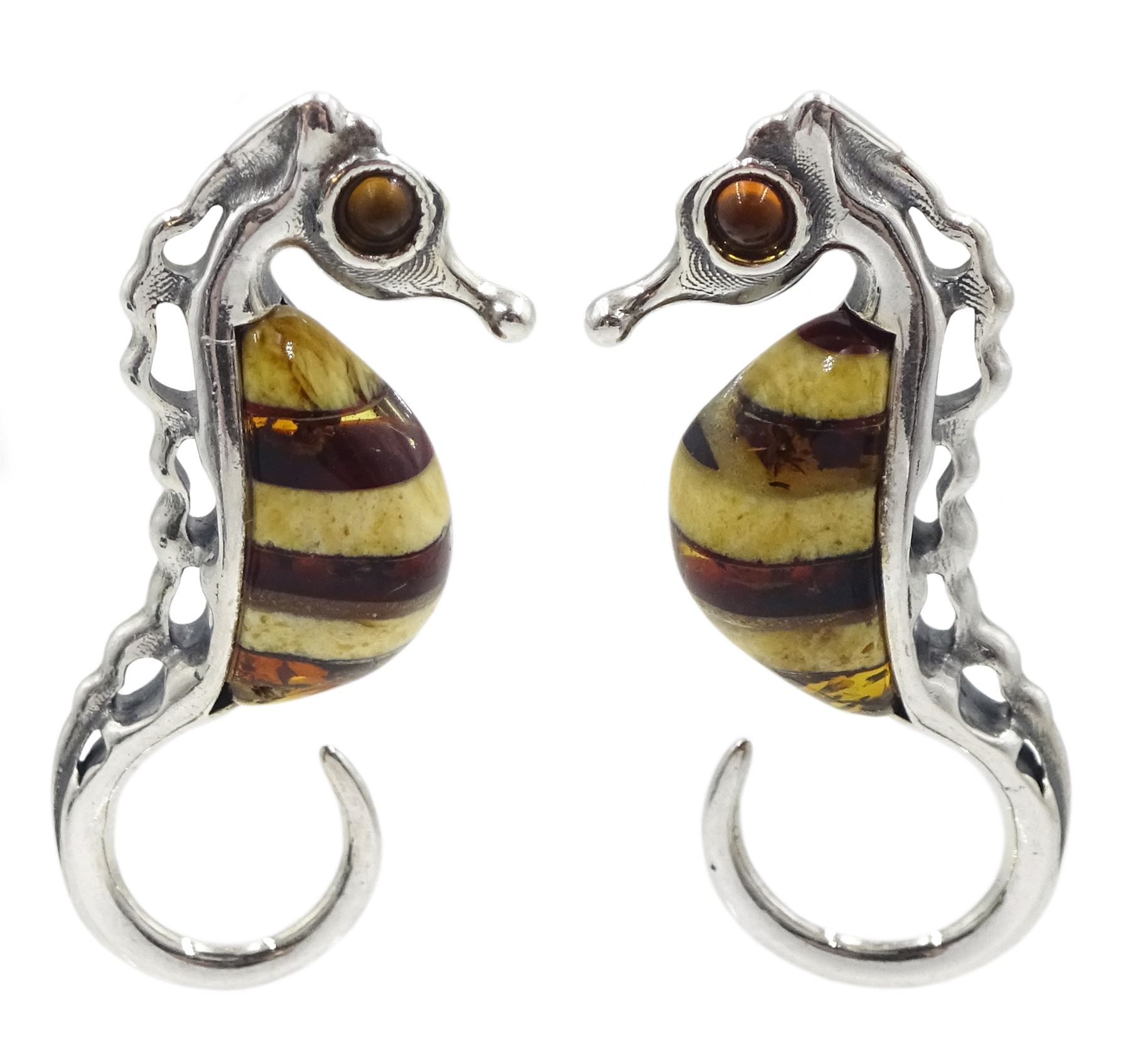 Pair of silver Baltic amber seahorse stud earrings, stamped 925