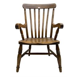 19th century beech Farmhouse armchair, shaped cresting rail over vertical slat back, dished seat on turned supports united by H stretcher 