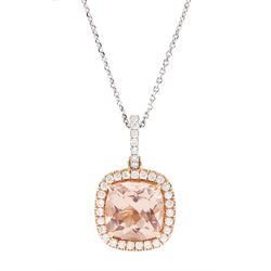 18ct white and rose gold cushion cut morganite and round brilliant cut diamond pendant, with diamond set bail, hallmarked, on 18ct white gold trace link chain necklace, stamped 750, morganite approx 3.65 carat, total diamond weight approx 0.35 carat