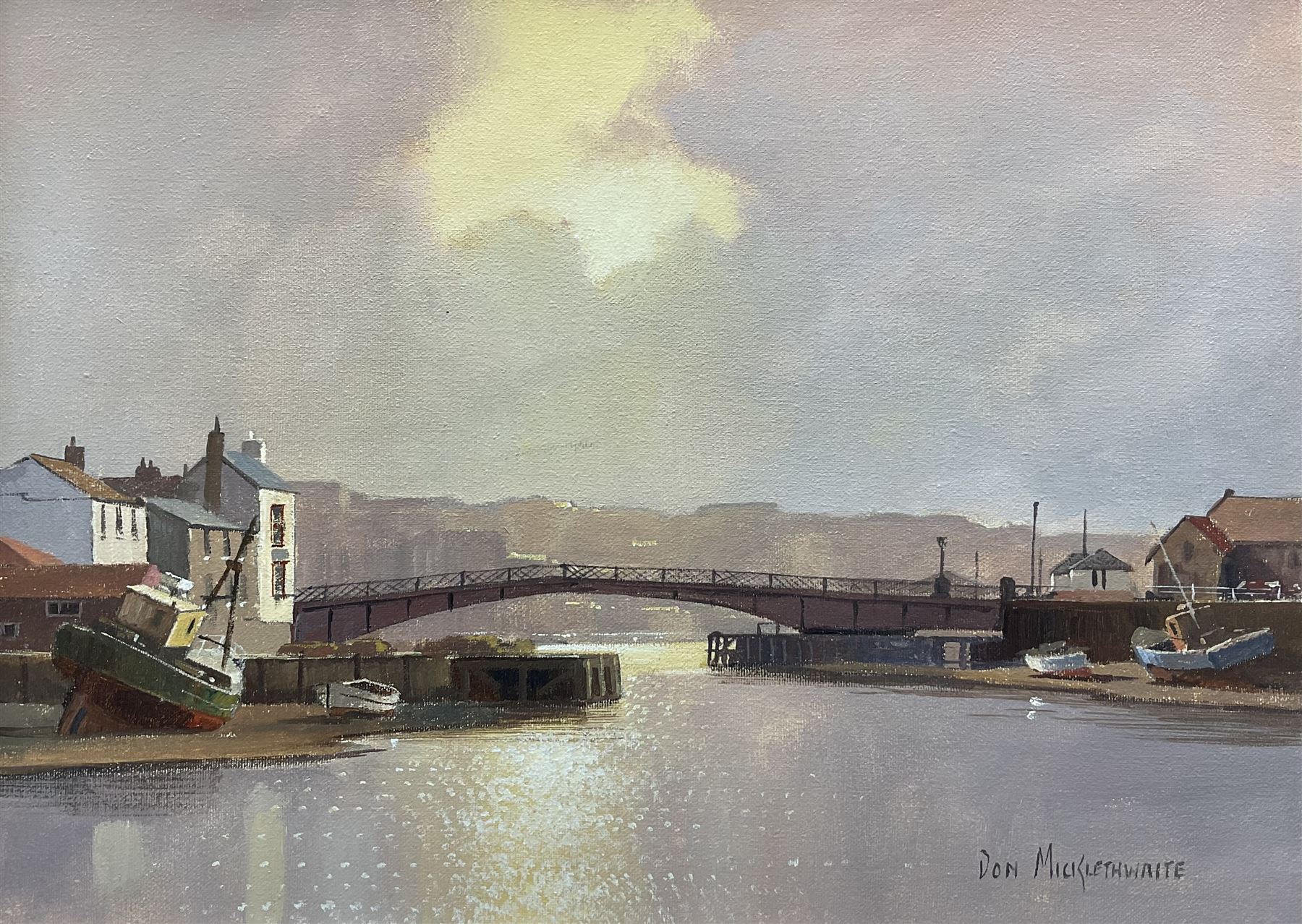 Don Micklethwaite (British 1936-): Whitby Swing Bridge, oil on canvas signed 29cm x 40cm 