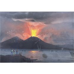 Neapolitan School (Mid 19th century): 'Vesuvius Erupting 9th Febuary 1850' seen from the Riviera di Chiaia Beach Tower over the Bay of Naples, set of three gouaches night and day with American Paddle steamer in the foreground, unsigned titled and dated 16cm x 23cm (3)