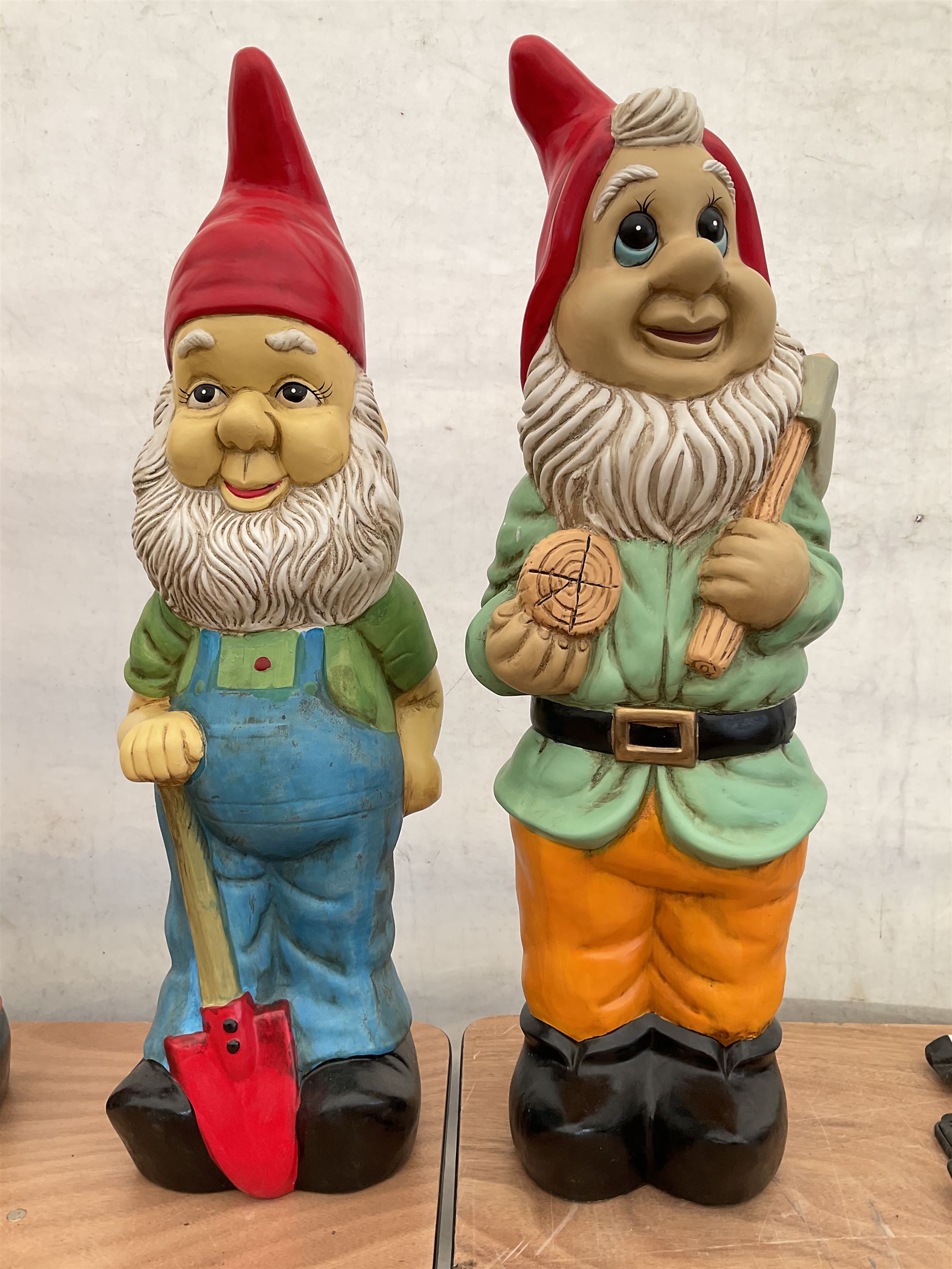 Pair of large indoor or outdoor painted garden gnomes  - THIS LOT IS TO BE COLLECTED BY APPOINTMENT FROM DUGGLEBY STORAGE, GREAT HILL, EASTFIELD, SCARBOROUGH, YO11 3TX