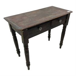 Victorian painted pine side table, moulded rectangular top over two drawers, on turned supports 