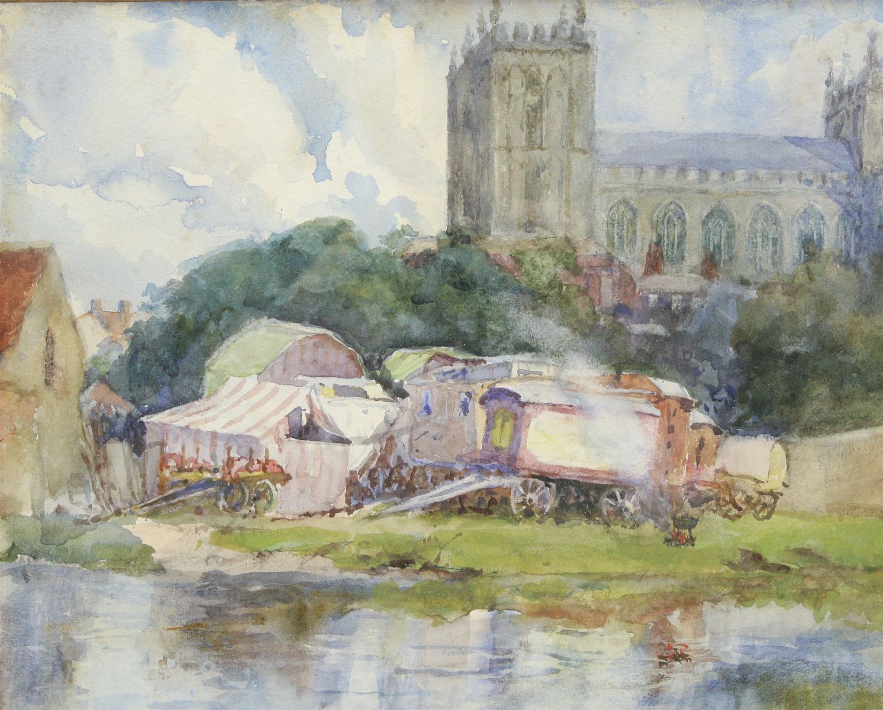 English Impressionist School (Early 20th century): Gypsy Encampment by River and Church, watercolour indistinctly signed 24cm x 29cm