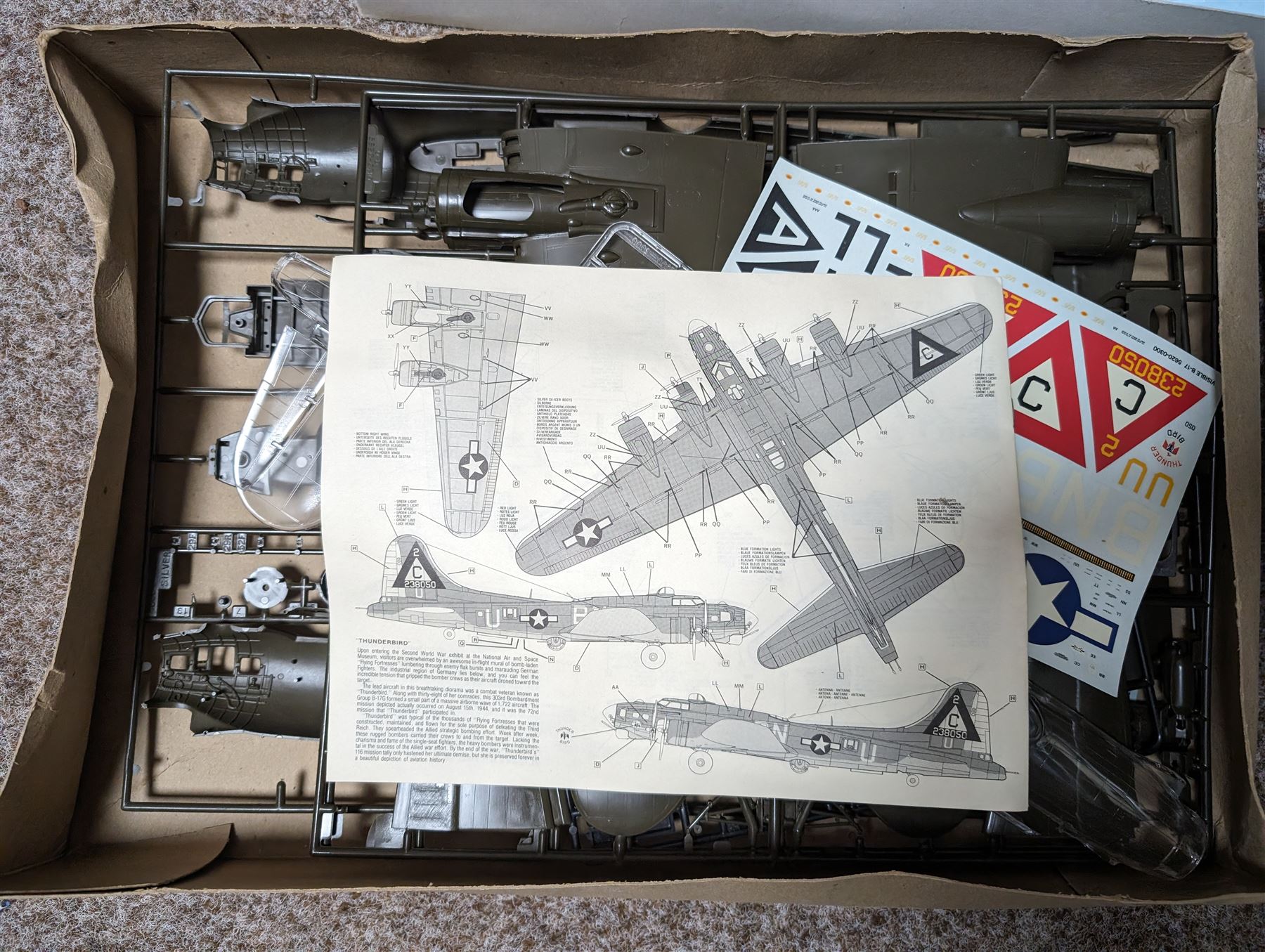 Three model kits, including Airfix Hawker Hurricane MK1 1:24 scale, Italeri Anti Tank Dodge 1:35 scale and Monogram Visible B-17 1:48 scale, all boxed 