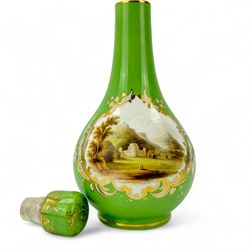 19th century bottle vase and associated cover, the body hand painted with a view of Inveraray Castle, against a green ground, H24cm, pair of green ground spill vases, with floral encrusted banding, H10cm, together with a pair of green ground candlesticks, probably Coalport (5)