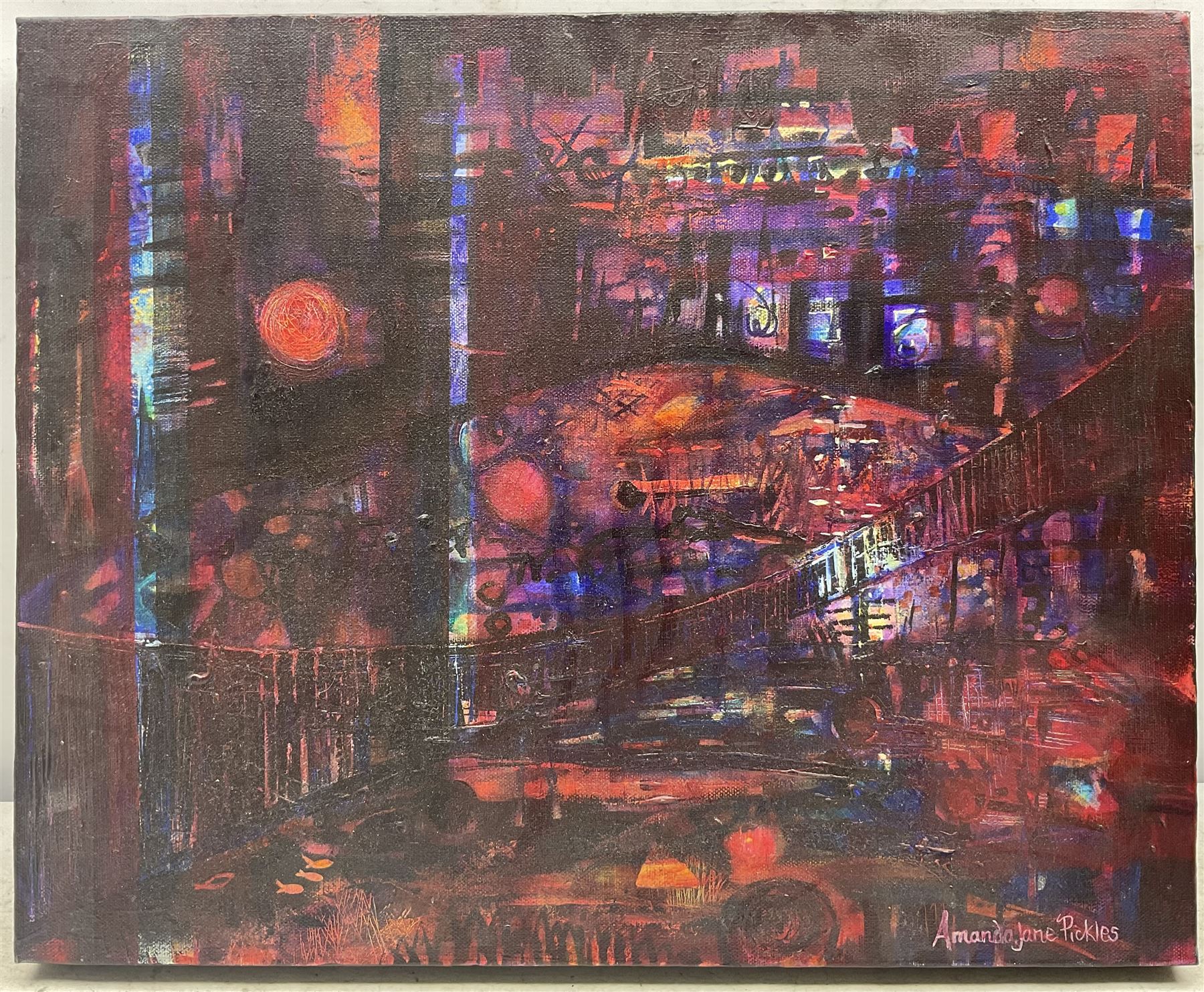 Amanda Jane Pickles (Yorkshire Contemporary): 'New York Nightlife' and 'Moorland Storm', two mixed media works signed, titled on labels verso max 61cm x 61cm (2) (unframed)