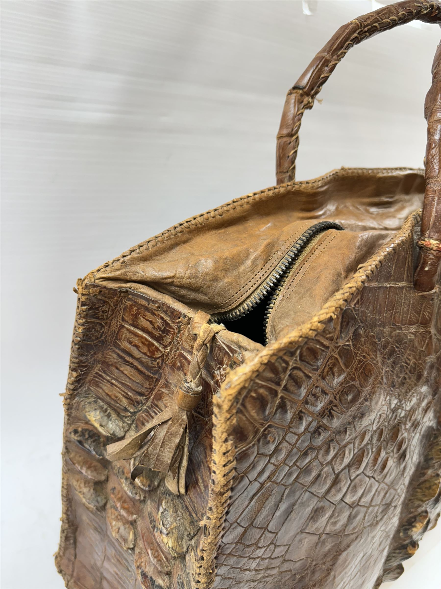 Large twin handled crocodile skin bag, with zippable compartment, H39cm 