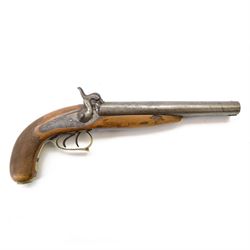 19th century double-barrelled percussion pistol the side by side barrels engraved with Ara...